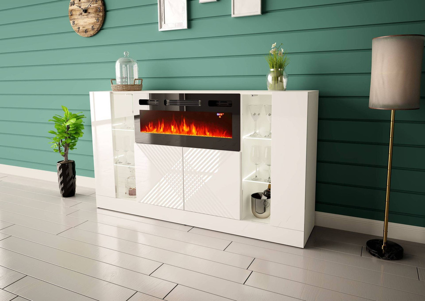 DIUNA-01 - Komoda 4D z Oświetleniem LED i Kominkiem Elektrycznym Biały Mat Biały Połysk