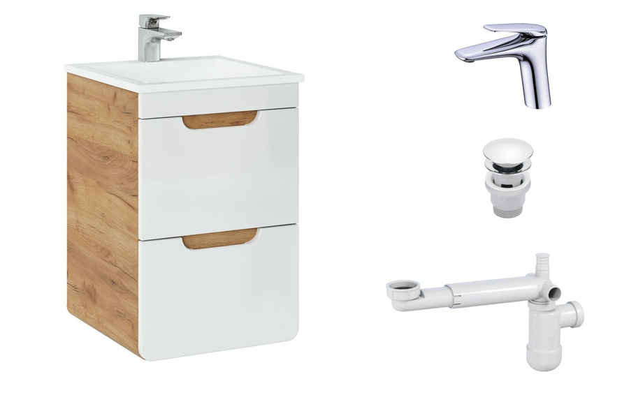 Szafka 40 cm Aruba White z Umywalką, Baterią i Syfonem z Korkiem