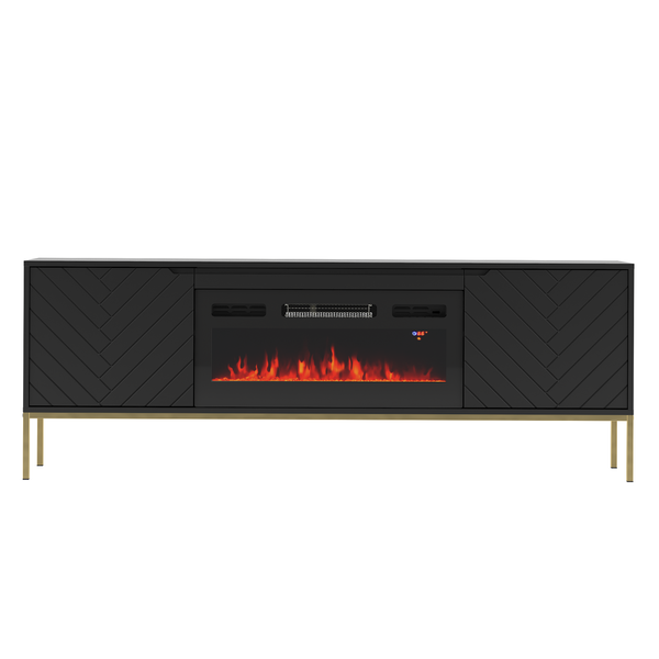 ASPEN-02 - Komoda RTV 2D z Kominkiem Elektrycznym Czarny Mat Złoty Stelaż
