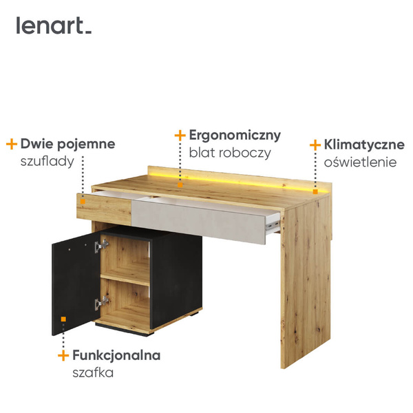 QUBIC QB-08 - Biurko Z Oświetleniem Dąb Artisan/Stal/Silk Flou