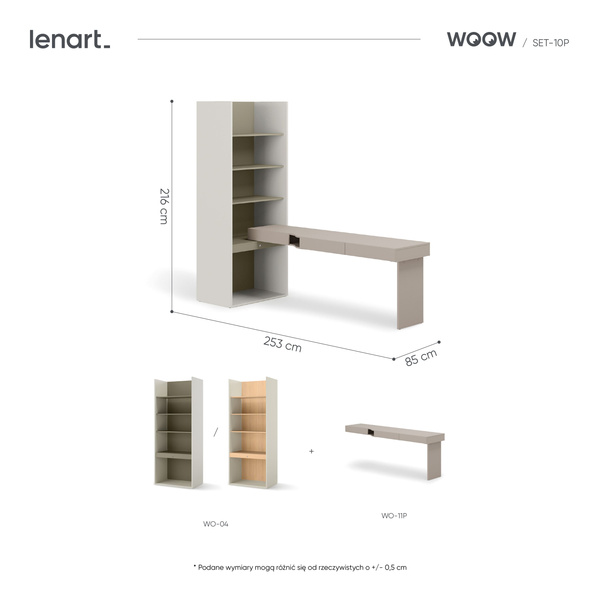 WOOW SET-WOS10PE - Zestaw Biurko Prawe i Regał Szeroki Szampański/Eukaliptus/Clay Grey