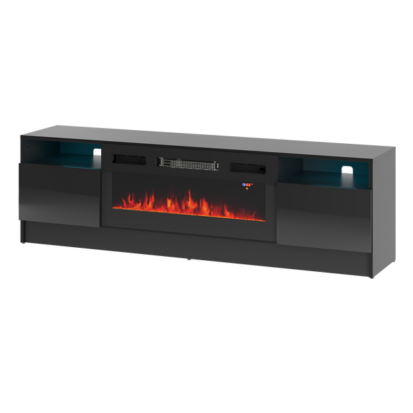 DUKE-01 - Komoda RTV 2D z Oświetleniem LED i Kominkiem Elektrycznym Czarny Mat Czarny Połysk