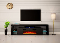 SOLEO-01 - Komoda RTV 2D z Oświetleniem LED i Kominkiem Elektrycznym Czarny Mat Czarny Połysk