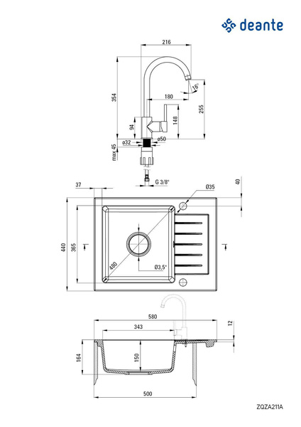 Zlewozmywak granitowy z baterią 1-komorowy z ociekaczem Zorba