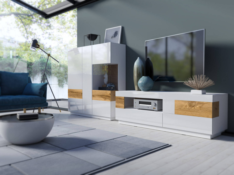 Silke Komoda RTV 1D2S Biały Połysk / Dąb Wotan