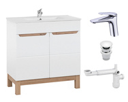 Szafka 80 cm Bali Biały z umywalką, baterią i syfonem z korkiem