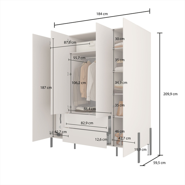 Jukon S - Szafa 4D2S Kaszmir Czarne Metalowe Nogi