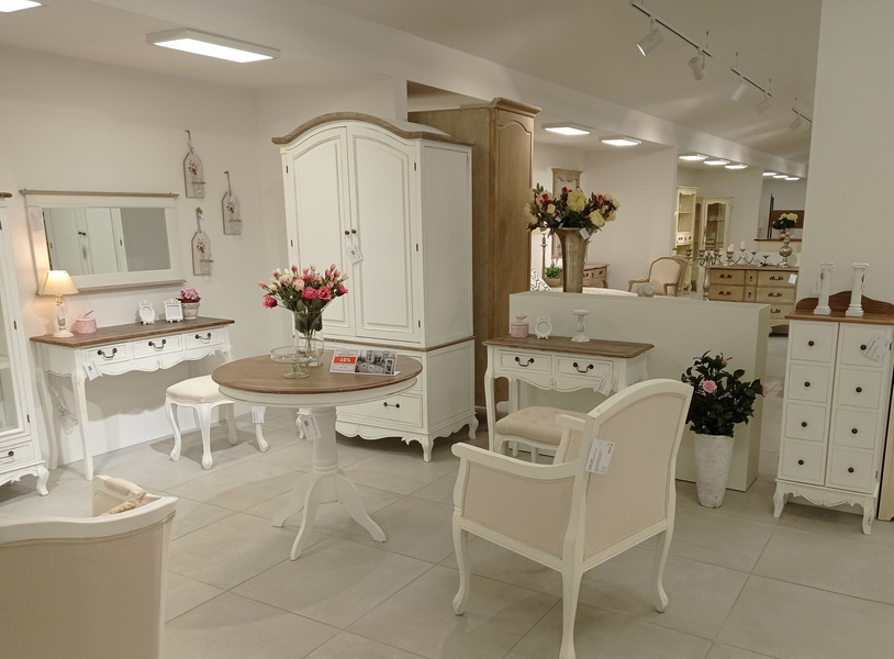 Rimini White 116 Stół okrągły prowansalski biały z brązowym przecieranym blatem drewno/mdf