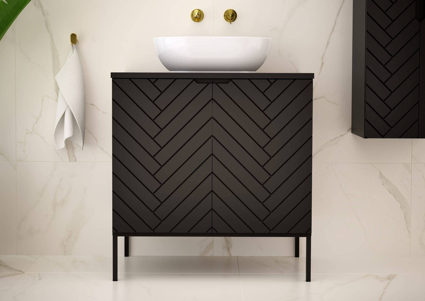 ASPEN-08 - Szafka z Umywalką i Blatem 2D 80cm Czarny Mat Zestaw-2 Czarny Stelaż