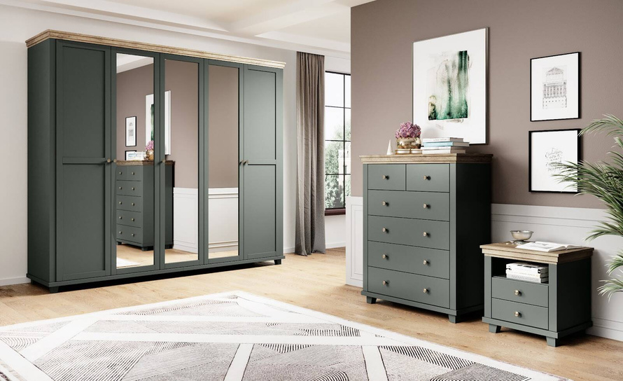 Evora S Szafa 5-drzwiowa z Lustrami Zielony / Dąb Lefkas