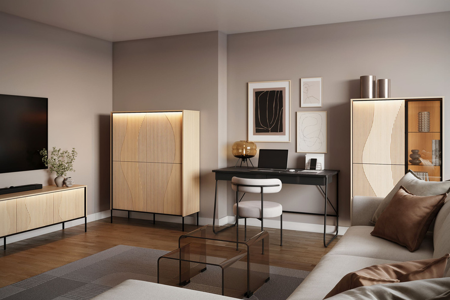 FLOW FW-02 - Komoda 4D z Oświetleniem Dąb Vincenza Bielona Czarny Mat