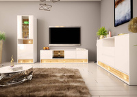 VISION-01 - Komoda RTV 3D z Oświetleniem LED Biały Mat Dąb Wotan Mat Biały Połysk