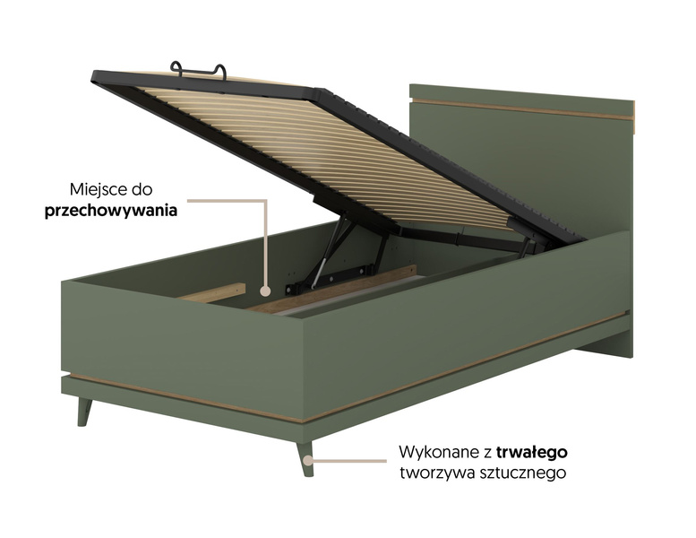 Scandi - Łóżko 100x200 cm ze Stelażem Zgaszona Zieleń Dąb Olejowany