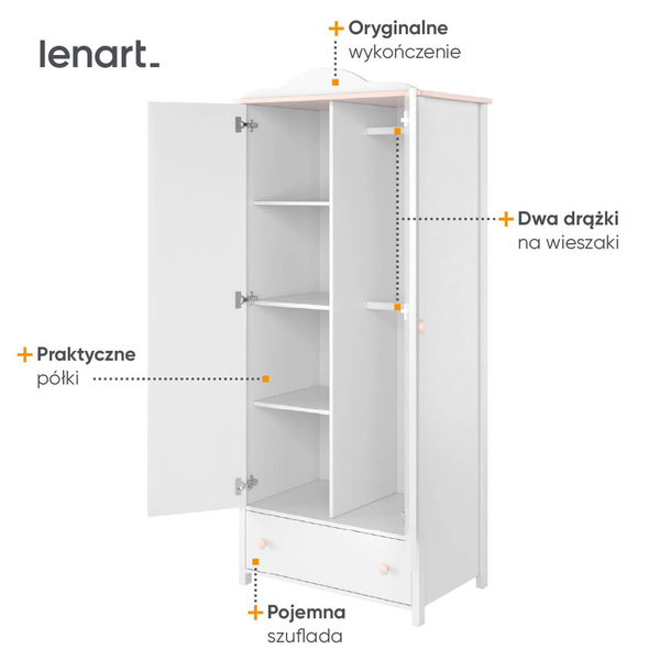 LUNA LN-12 - Szafa Dzielona 2-drzwiowa Biała/Różowa