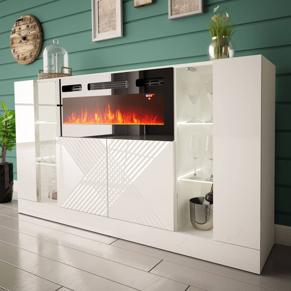 DIUNA-01 - Komoda 4D z Oświetleniem LED i Kominkiem Elektrycznym Biały Mat Biały Połysk
