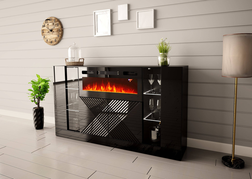 DIUNA-01 - Komoda 4D z Oświetleniem LED i Kominkiem Elektrycznym Czarny Mat Czarny Połysk
