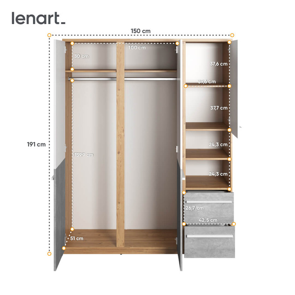 PLANO PN-01 - Szafa 3D2S Dąb Nash/Biała/Beton