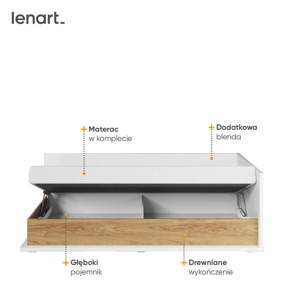 SIMI MS-09P - Łóżko 90 cm Prawe z Materacem Białe/Hikora Naturalna