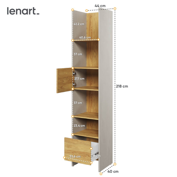 TEEN FLEX TF-02 - Regał 45 cm 1D1S Silk Flou/Hikora Naturalna