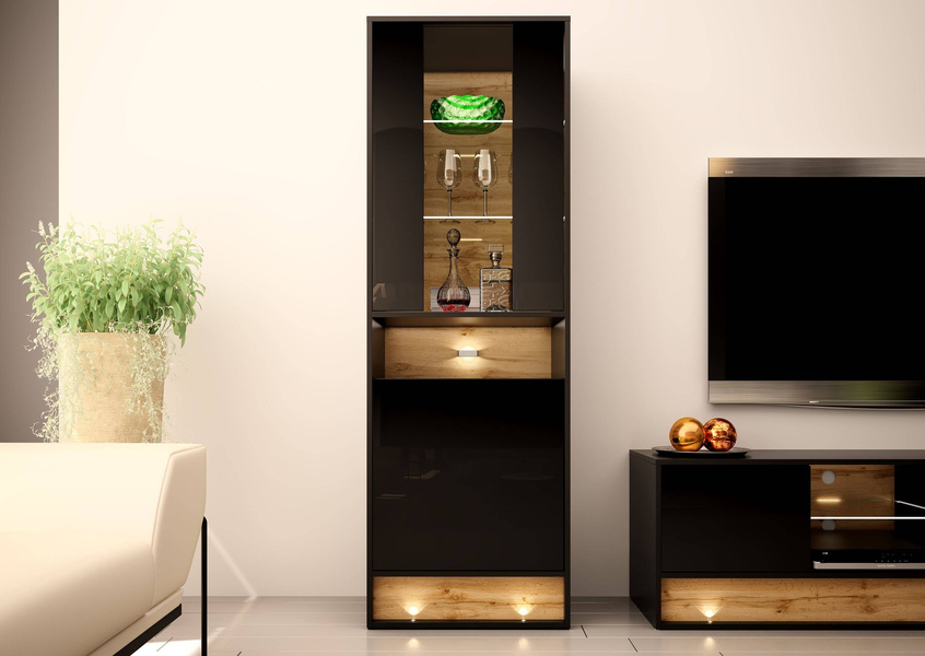 VISION-04 - Witryna 2D z Oświetleniem LED Czarny Mat Dąb Wotan Mat Czarny Połysk