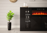 DIUNA-01 - Komoda 4D z Oświetleniem LED i Kominkiem Elektrycznym Czarny Mat Czarny Połysk