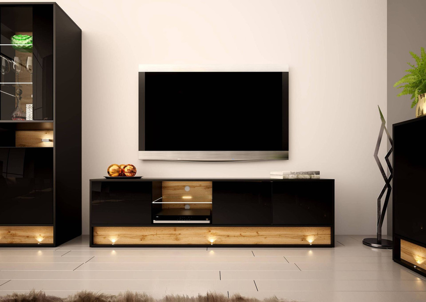 VISION-01 - Komoda RTV 3D z Oświetleniem LED Czarny Mat Dąb Wotan Mat Czarny Połysk