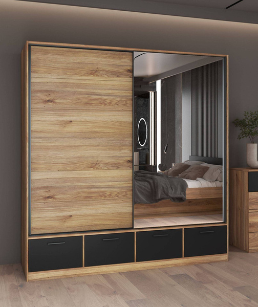 Beta – Szafa 2D4S z Lustrem Dąb Mauvella Czarny mat