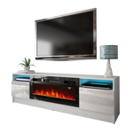 DUKE-01 - Komoda RTV 2D z Oświetleniem LED i Kominkiem Elektrycznym Biały Mat Biały Połysk