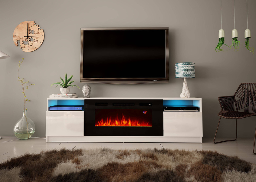 YORK-02 - Komoda RTV 2D z LED i Kominkiem Biały Mat Biały Połysk