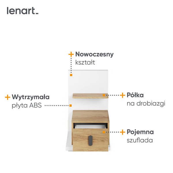 SIMI MS-08L - Stolik Nocny 1S Lewy Biały/Hikora Naturalna