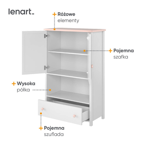 LUNA LN-11 - Komoda 2D1S Biała/Różowa