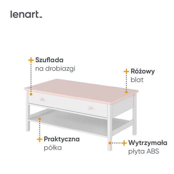 LUNA LN-15 - Stolik Kawowy 1 Szuflada Biały/Różowy