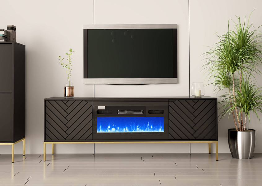 ASPEN-02 - Komoda RTV 2D z Kominkiem Elektrycznym Czarny Mat Złoty Stelaż