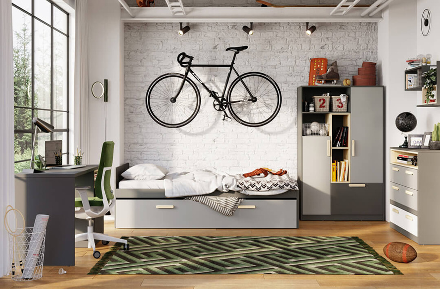 POK PO-14 - Łóżko Dolne z Materacem Grafit/Buk Ibsen/Szary Jasny