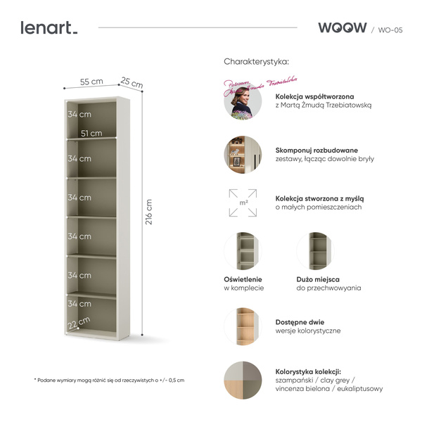 WOOW WO-05 - Regał Wąski Szampański/Dąb Vincenza Bielona