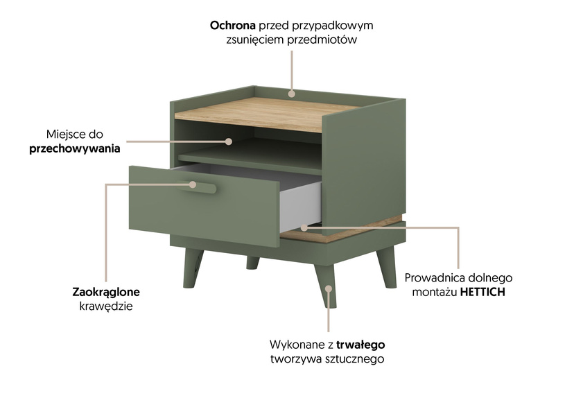 Scandi - Szafka Nocna 1S Zgaszona Zieleń Dąb Olejowany