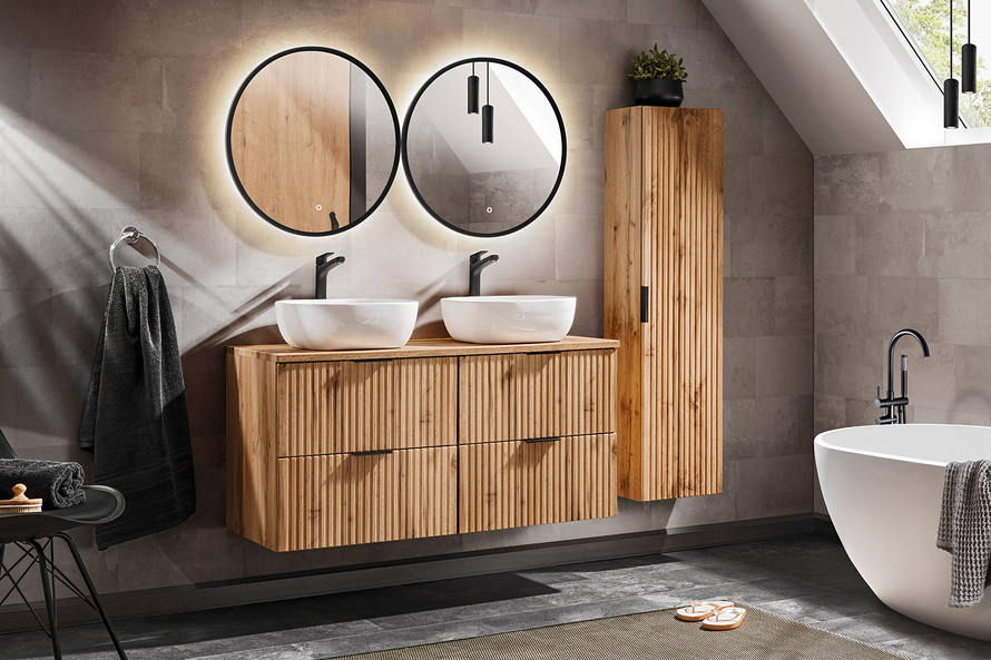Zestaw 120 cm Podwójna Szafka ADEL OAK z umywalkami SMILE 