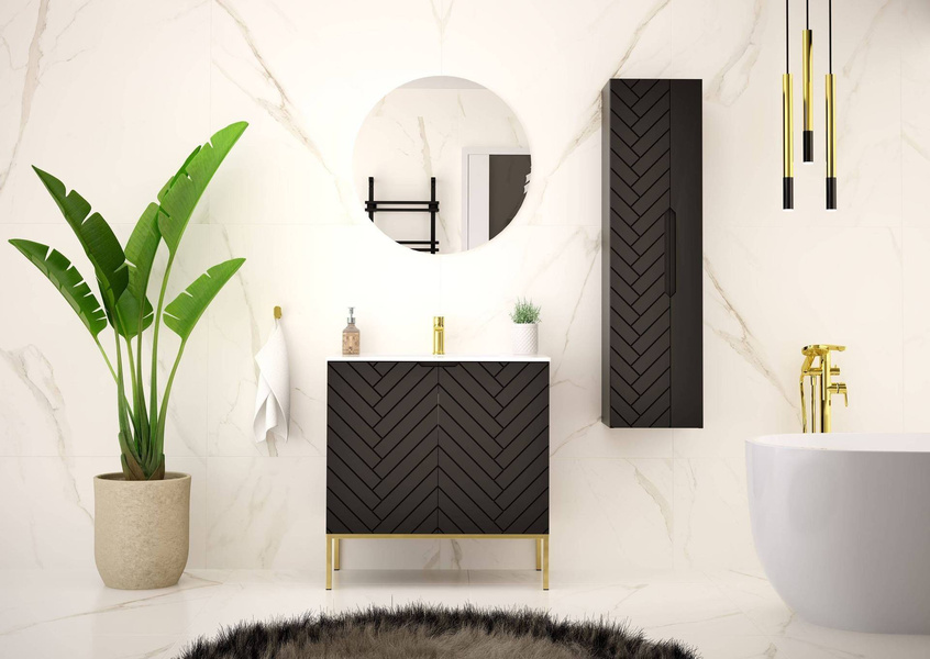 ASPEN-08 - Szafka z Umywalką 2D 80cm Czarny Mat Zestaw-3 Złoty Stelaż