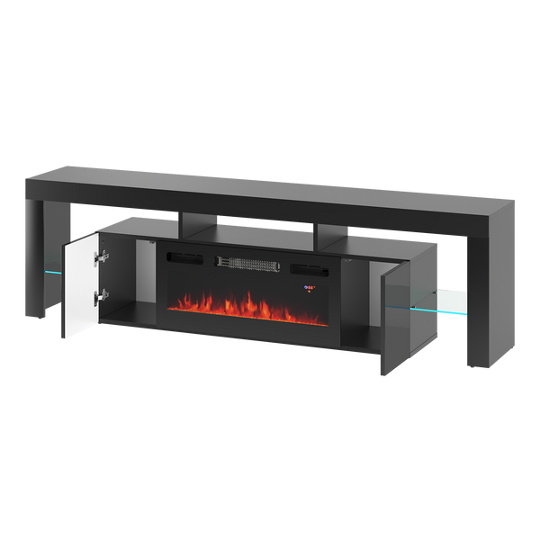 SOLEO-01 - Komoda RTV 2D z Oświetleniem LED i Kominkiem Elektrycznym Czarny Mat Czarny Połysk