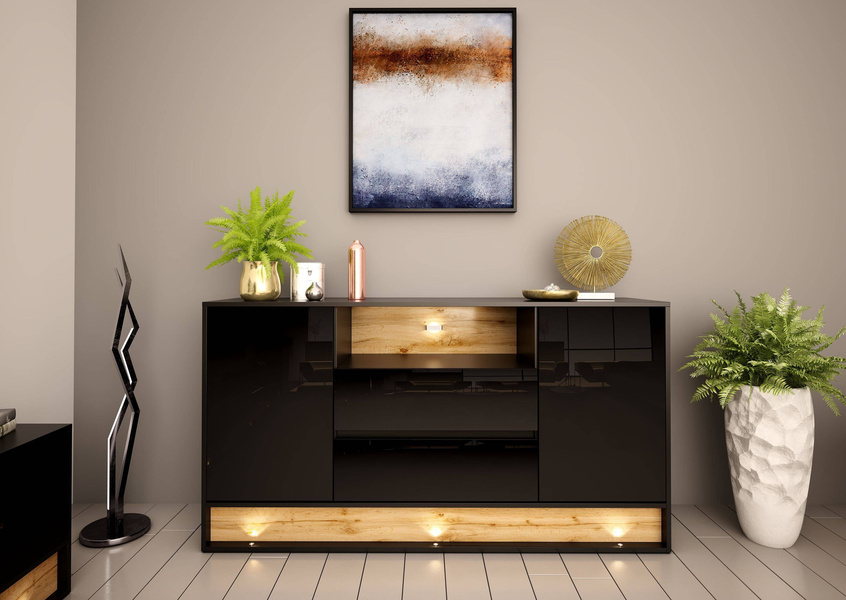 VISION-02 - Komoda 2D2S z Oświetleniem LED Czarny Mat Dąb Wotan Mat Czarny Połysk