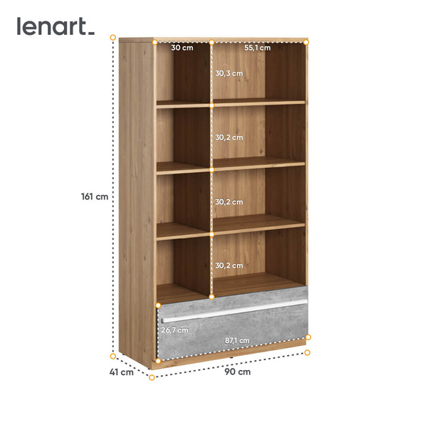 PLANO PN-03 - Regał 1S Dąb Nash/Biały/Beton