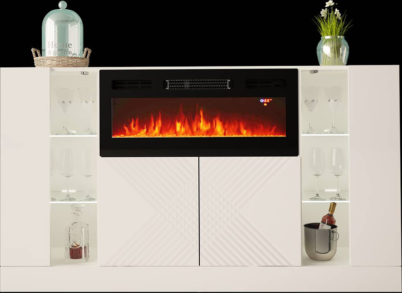 DIUNA-01 - Komoda 4D z Oświetleniem LED i Kominkiem Elektrycznym Biały Mat Biały Połysk