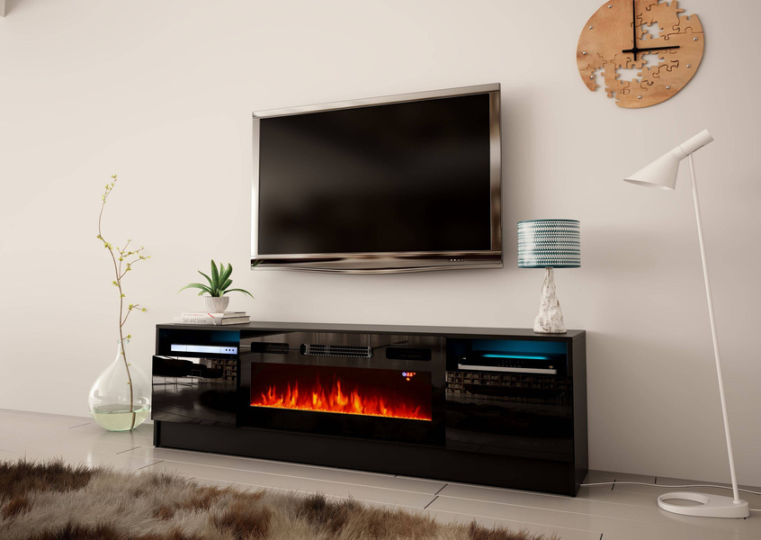 DUKE-01 - Komoda RTV 2D z Oświetleniem LED i Kominkiem Elektrycznym Czarny Mat Czarny Połysk