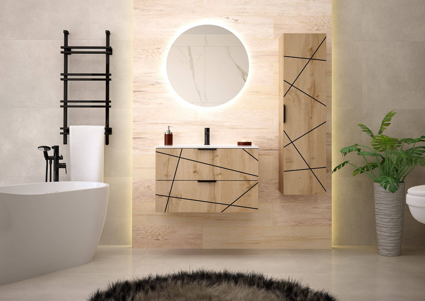 WOOD-01 - Szafka z Umywalką 2S 80cm Dąb Wotan Zestaw-3