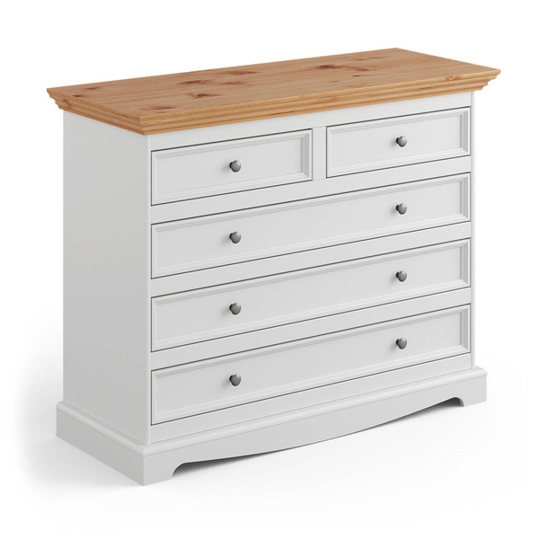 Komoda 5 szuflad biała naturalna sosna Belluno Elegante