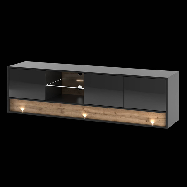 VISION-01 - Komoda RTV 3D z Oświetleniem LED Czarny Mat Dąb Wotan Mat Czarny Połysk