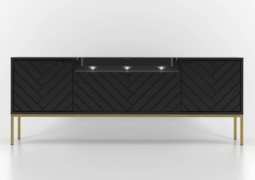 ASPEN-06 - Komoda RTV 3D z Soundbarem JBL i Oświetleniem LED Czarny Mat Złoty Stelaż