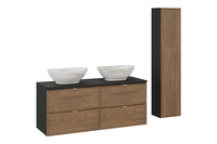 Zestaw Szafka Pod Umywalkę z Blatem 120 cm i 2 Umywalki Nablatowe oraz Słupek Wysoki Talia Casella Czarny Mat