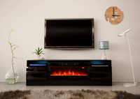 DUKE-01 - Komoda RTV 2D z Oświetleniem LED i Kominkiem Elektrycznym Czarny Mat Czarny Połysk