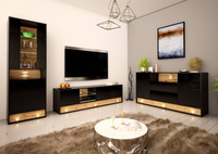 VISION-01 - Komoda RTV 3D z Oświetleniem LED Czarny Mat Dąb Wotan Mat Czarny Połysk